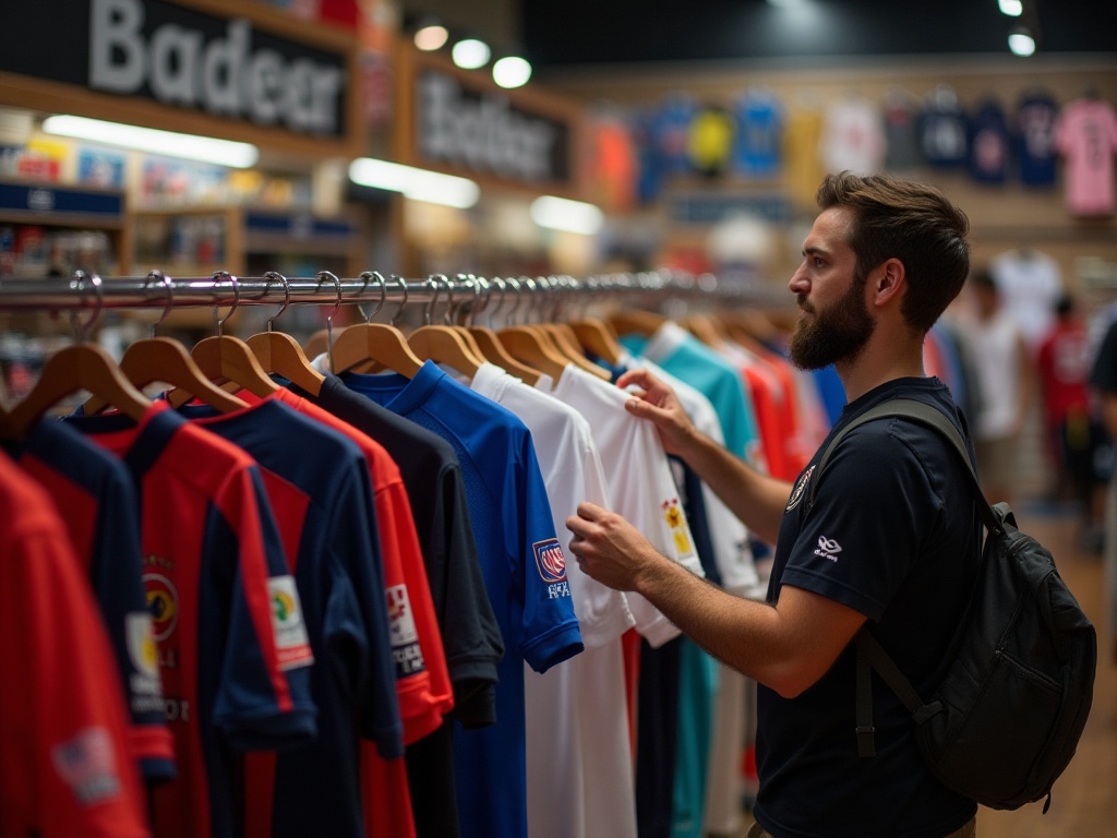 Rayon de maillots de foot dans un magasin de sport avec différents clubs
