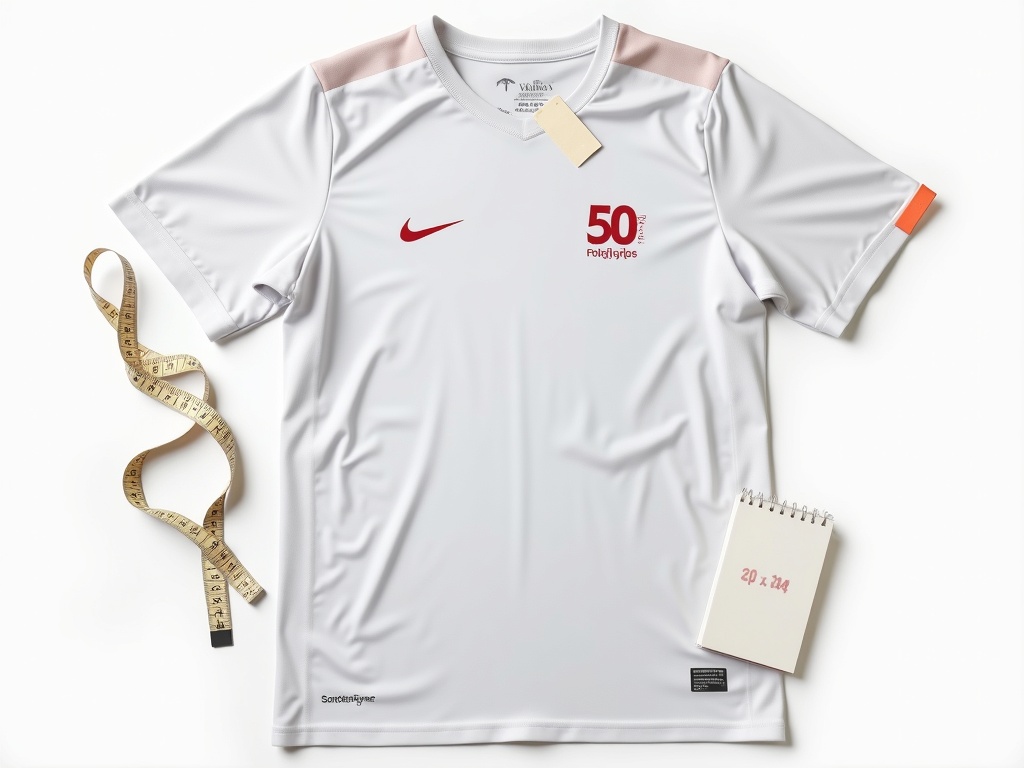 Maillot de foot avec étiquette de prix à moins de 50 euros et guide de tailles