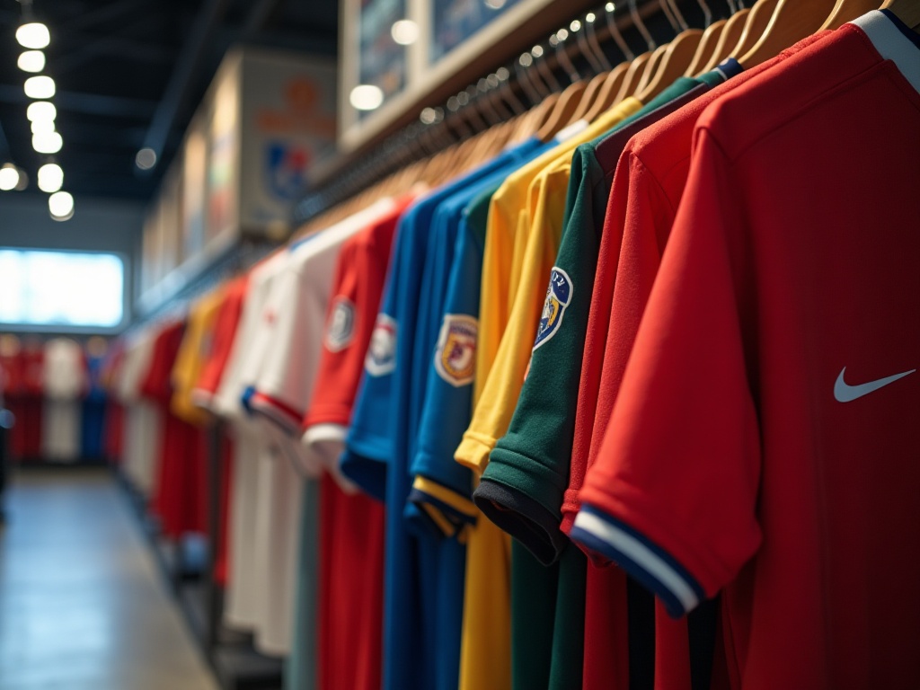 Rack de maillots de foot de différents clubs en boutique