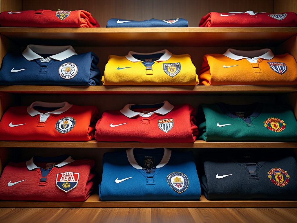 Collection de maillots de foot pliés sur des étagères en bois