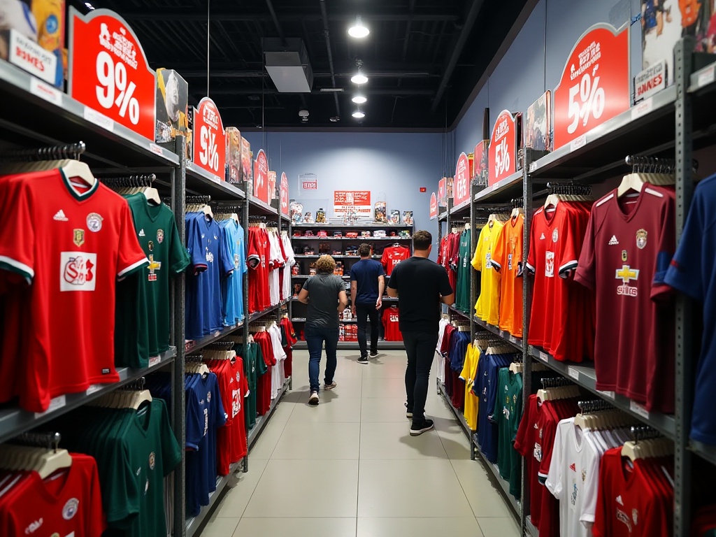Boutique de maillots de foot pendant les soldes avec des rayons colorés