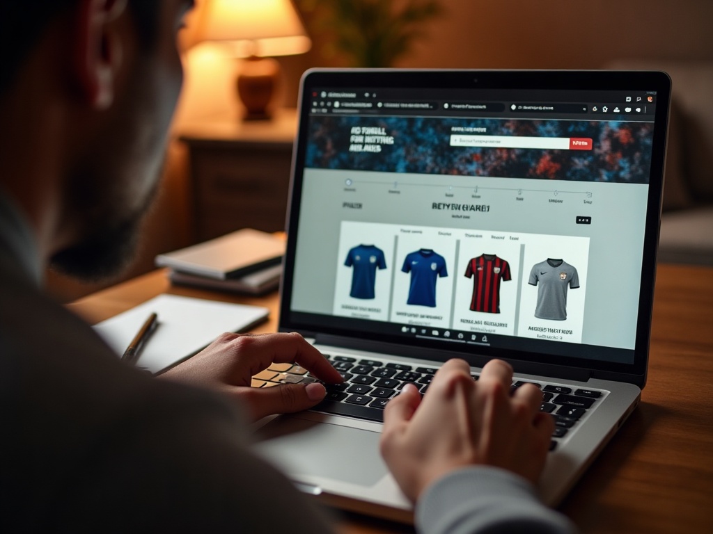 Fan de foot préparant ses achats de maillots pendant les soldes en ligne