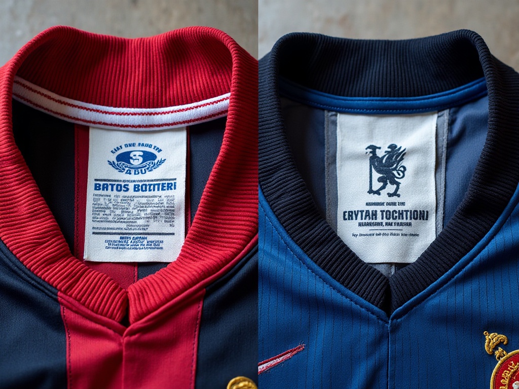 Comparaison entre étiquette de maillot de foot authentique et étiquette de contrefaçon