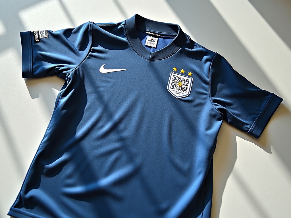 Intérieur d'un maillot de foot authentique montrant les différentes étiquettes et le patch hologramme