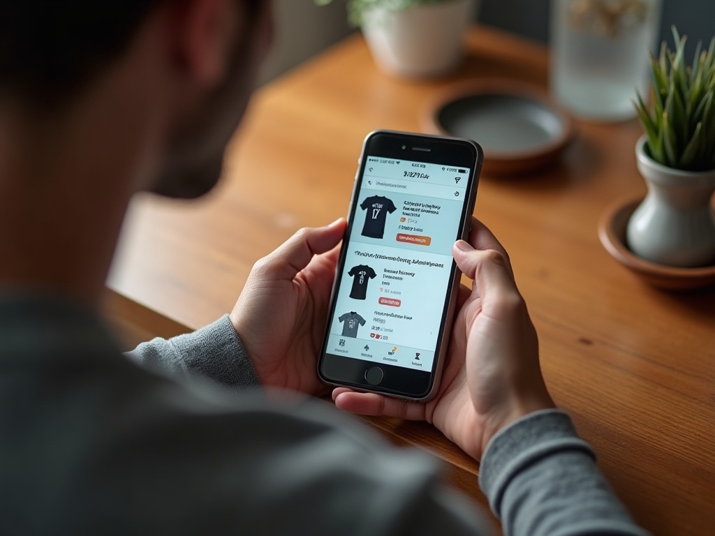 Personne parcourant des annonces de maillots de foot sur une application de seconde main