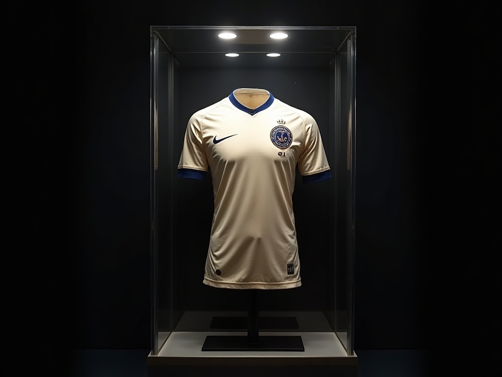 Maillot de foot match worn exposé dans une vitrine de collection avec traces d'utilisation visibles