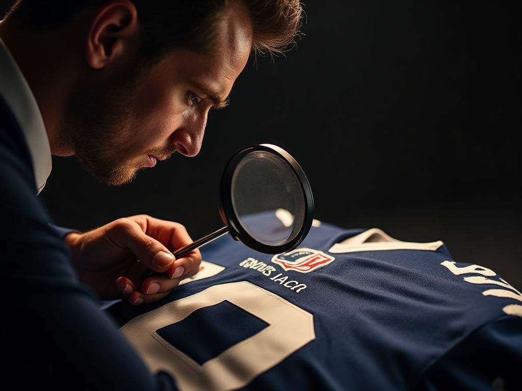 Expert en memorabilia examinant un maillot de foot match worn pour authentification