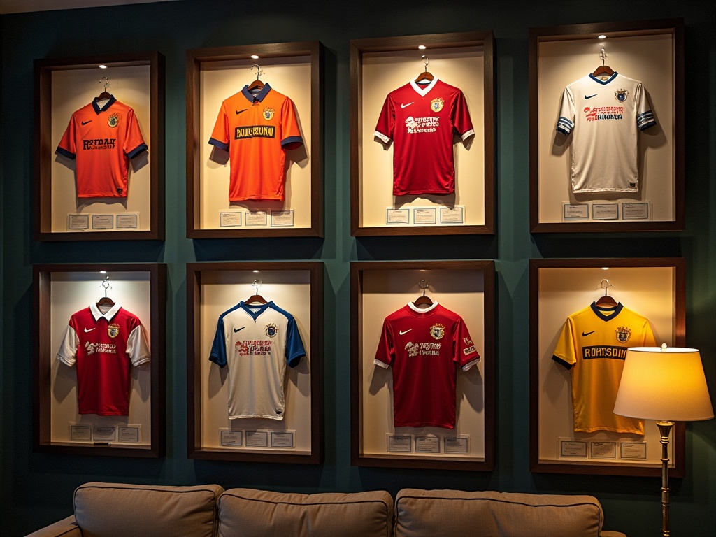 Collection de maillots de foot match worn encadrés sous verre UV dans une salle de collection moderne
