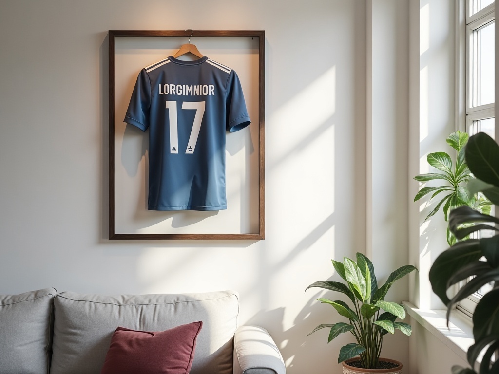 Maillot de foot authentique encadré dans une salle de collectionneur