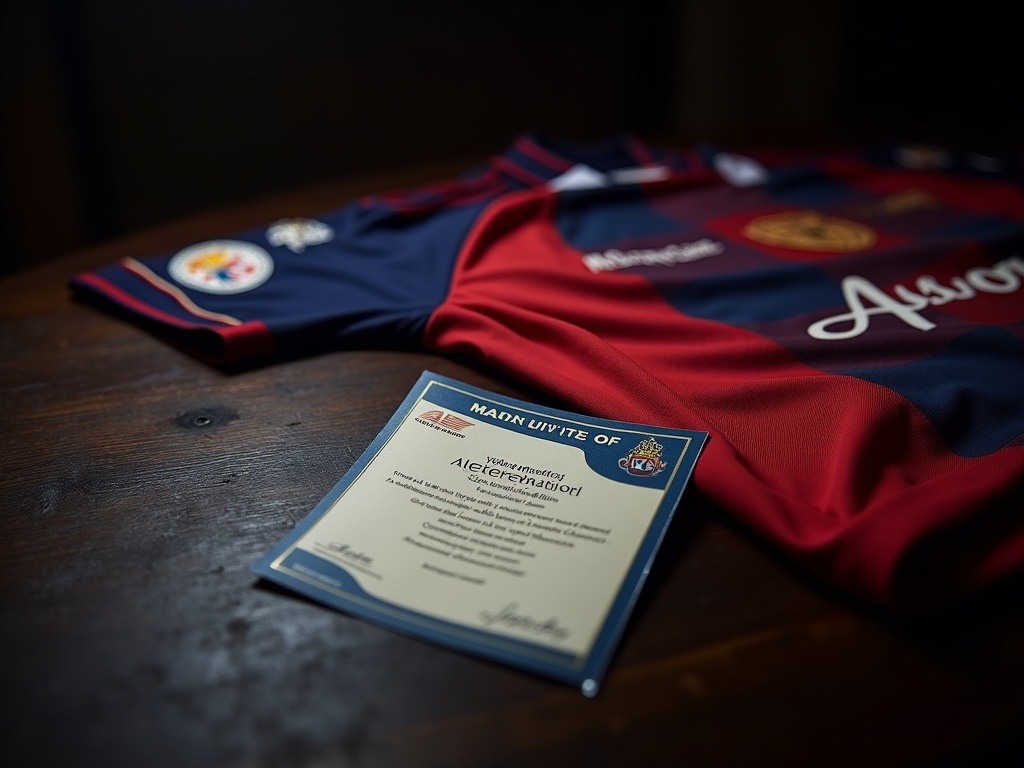 Certificat d'authenticité posé à côté d'un maillot de foot porté en match avec écusson de club visible