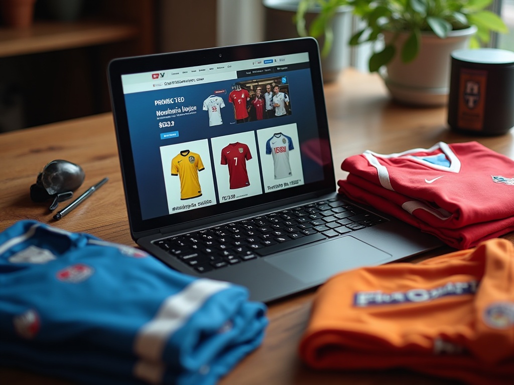 Site e-commerce spécialisé maillots de foot affiché sur ordinateur portable