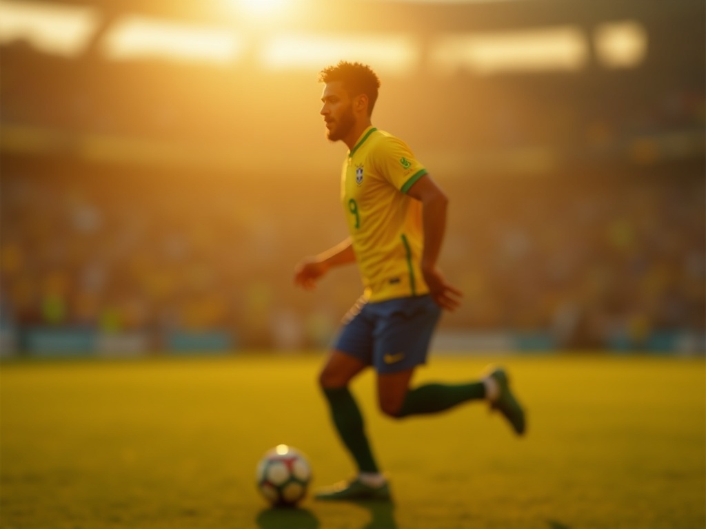 Joueur brésilien portant le maillot jaune Brésil 2026 numéro 7 en plein dribble