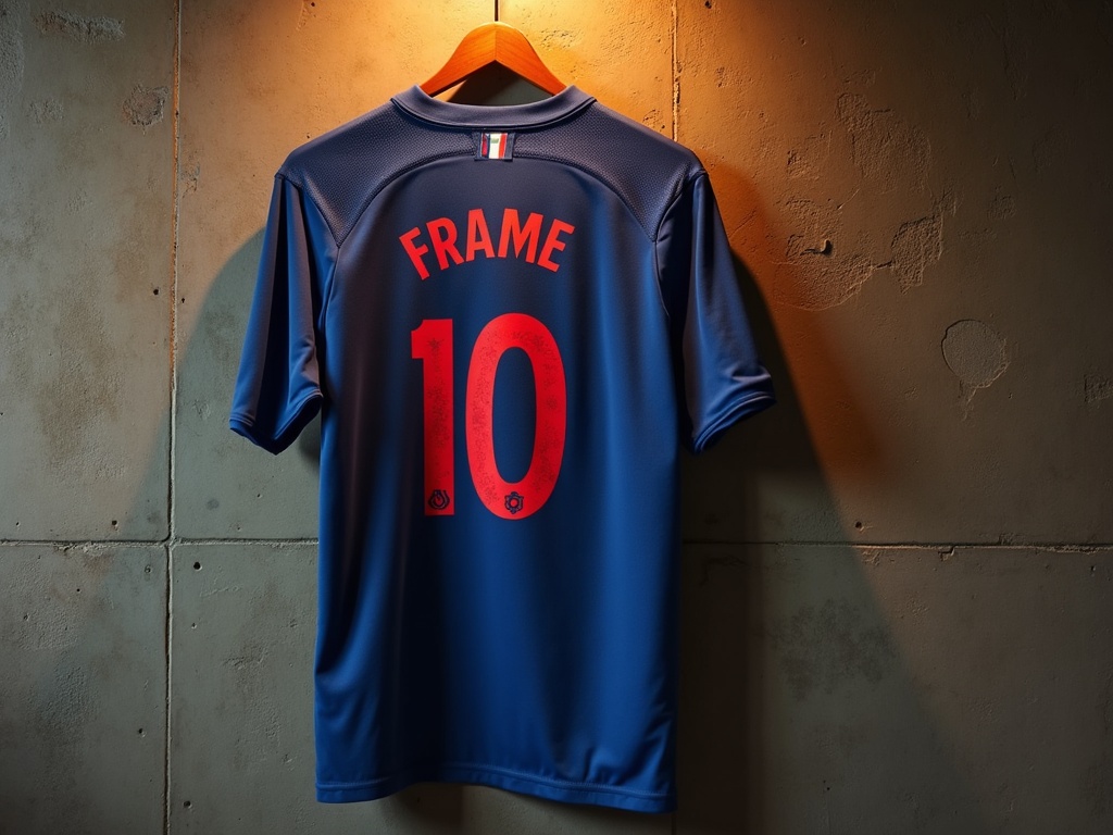 Maillot France 2026 floqué numéro 10 suspendu sur cintre en bois