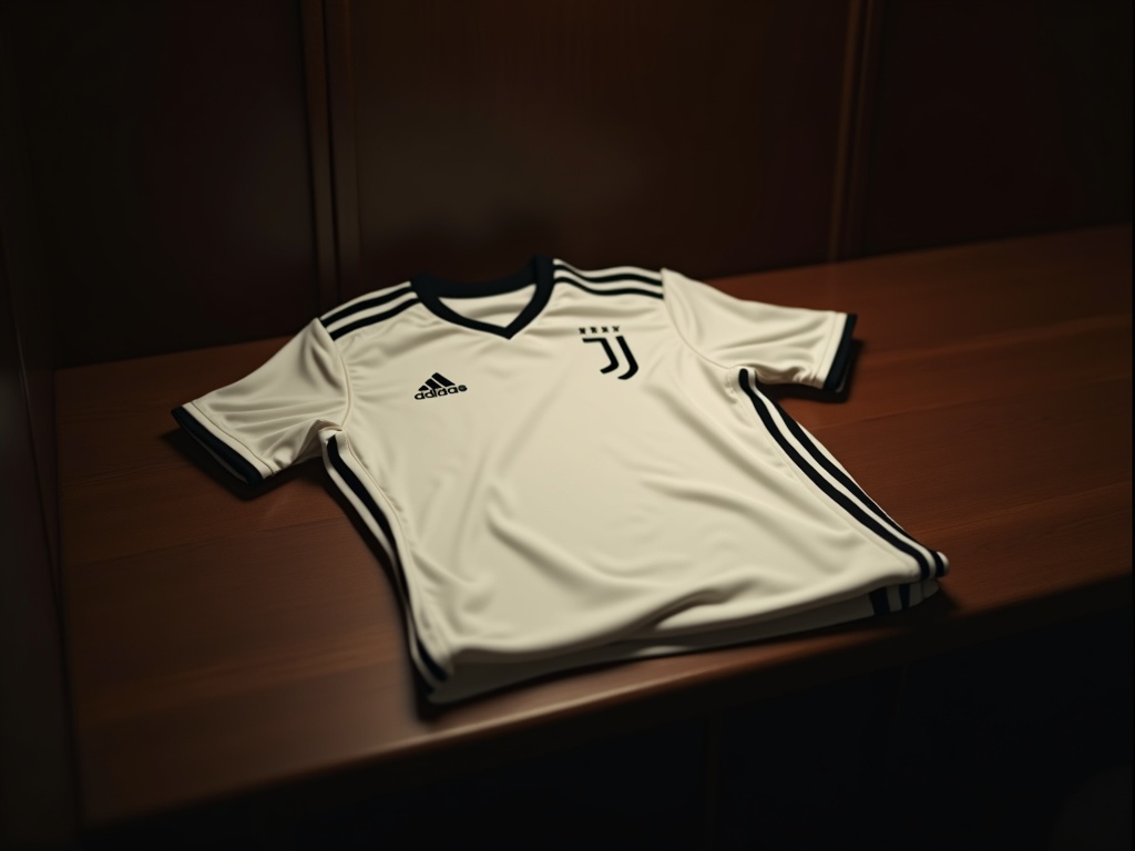 Maillot extérieur Juventus 2026-2027 couleur crème avec détails noirs posé sur un banc de vestiaire