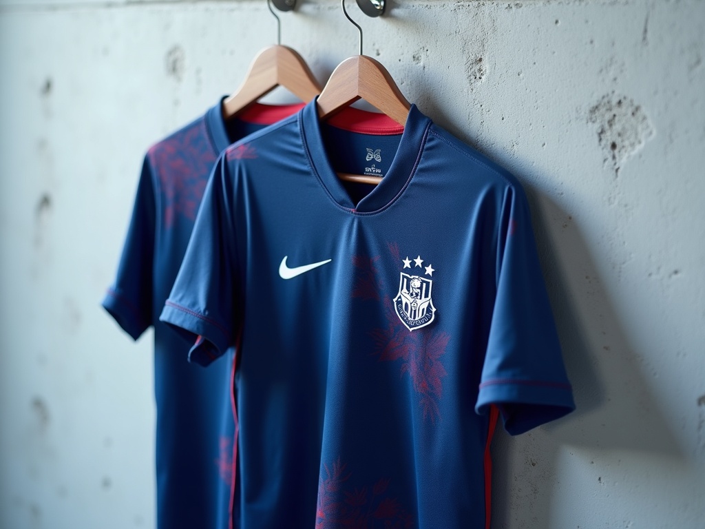 Nouveau maillot de foot Ligue 1 saison 2026-2027 accroché sur cintre, détail tissu