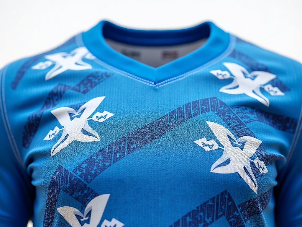 Détail du tissu d'un nouveau maillot de foot Ligue 2 2026-2027 avec motifs géographiques