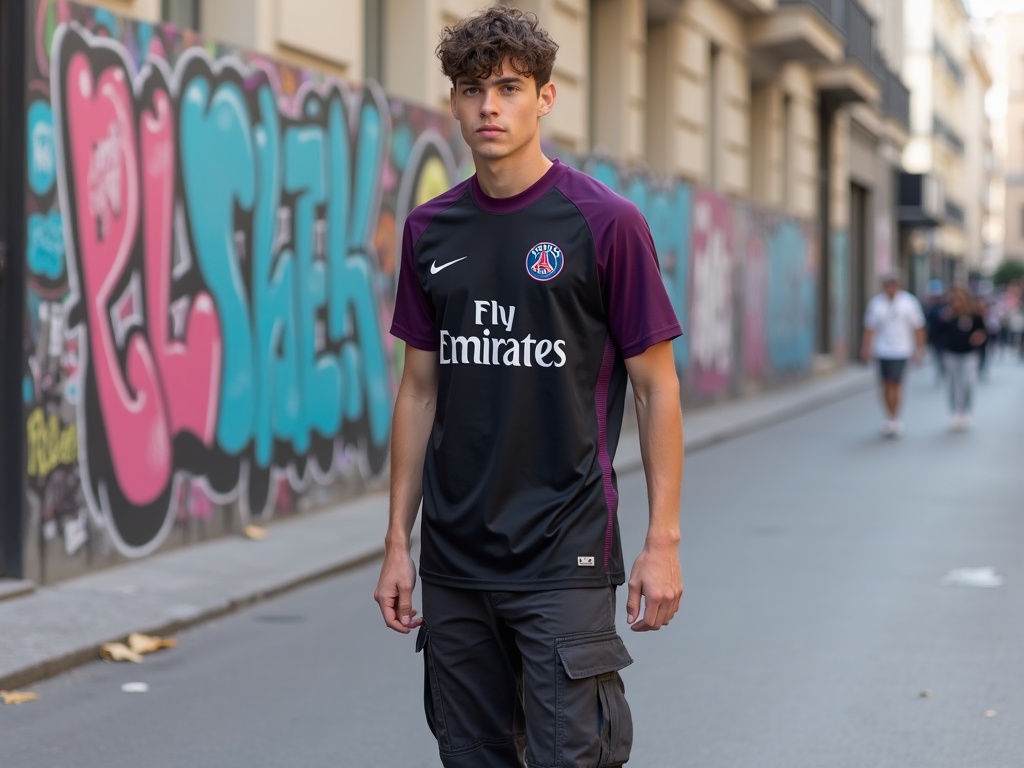 Style streetwear parisien avec le maillot third PSG 2026 noir et violet