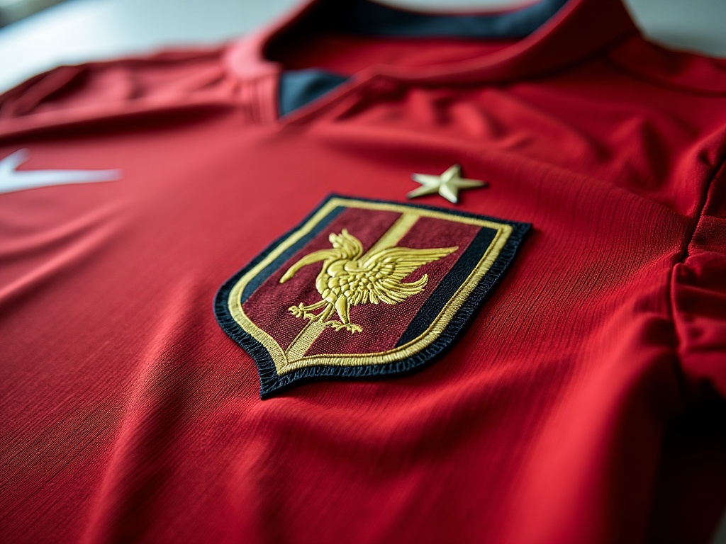 Détail d'un maillot de foot authentique d'équipe nationale avec broderies