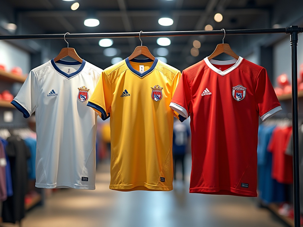 Maillots de foot officiels domicile extérieur et third d'un même club alignés