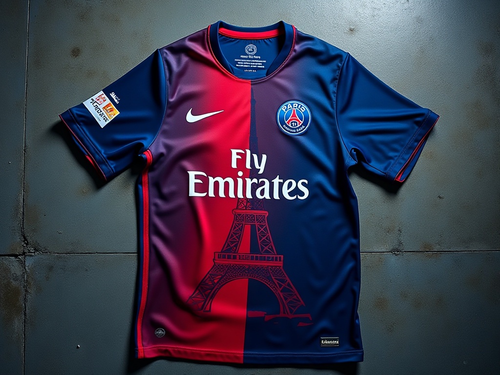 Maillot officiel du PSG posé à plat sur une surface en béton