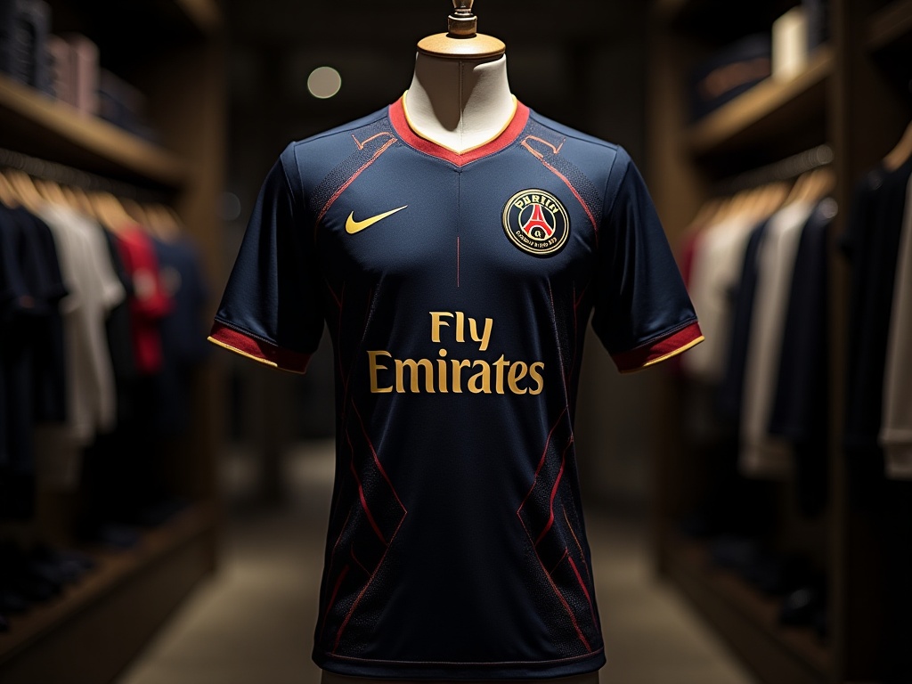 Maillot concept PSG édition limitée aux motifs géométriques parisiens bleu nuit et or
