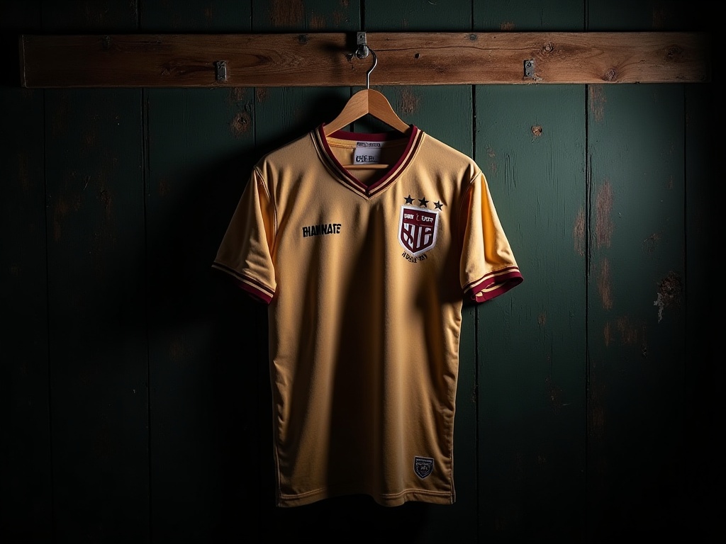 Maillot de foot vintage accroché sur un cintre en bois