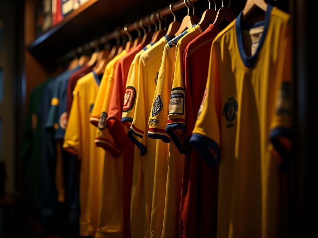 Collection de maillots de foot vintage accrochés dans une boutique de collectionneurs