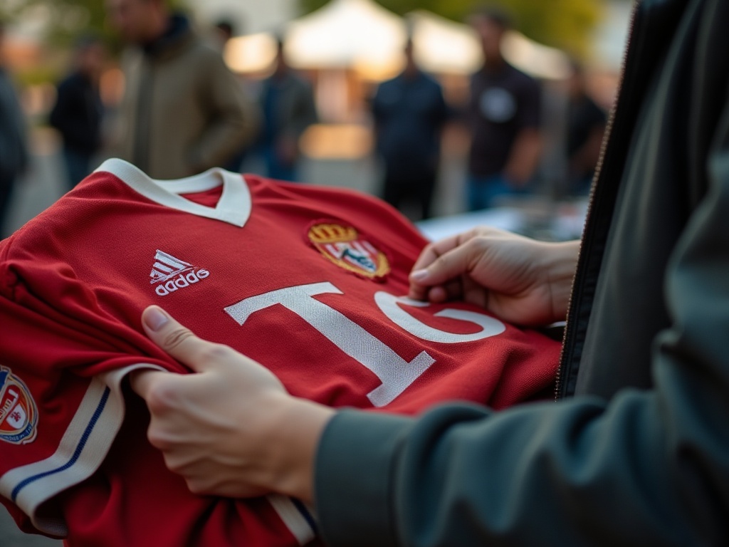 Collectionneur examinant un maillot de foot vintage dans un vide-grenier