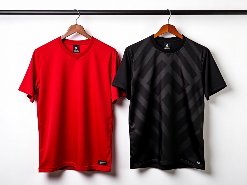Comparaison maillot domicile rouge et maillot extérieur noir de football côte à côte