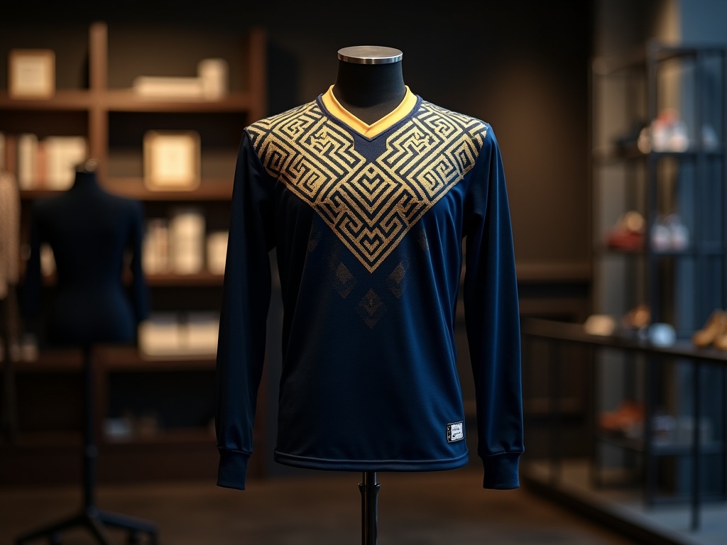 Maillot gardien de foot édition limitée avec motif géométrique bleu et or sur mannequin en boutique