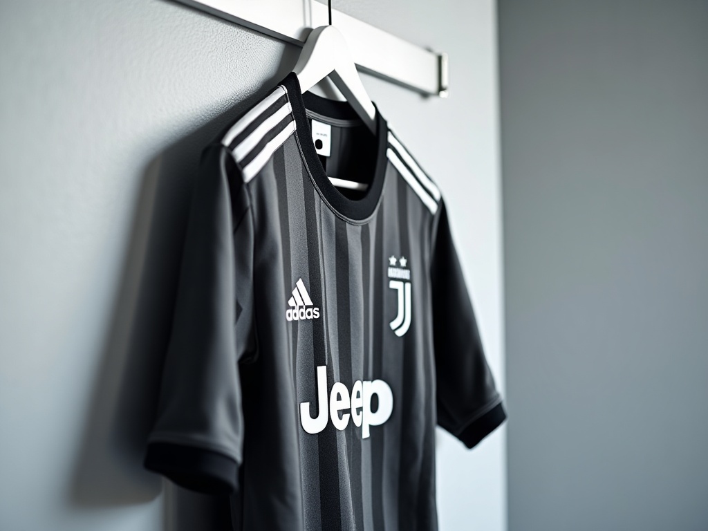 Maillot officiel Juventus 2026 noir et blanc sur cintre