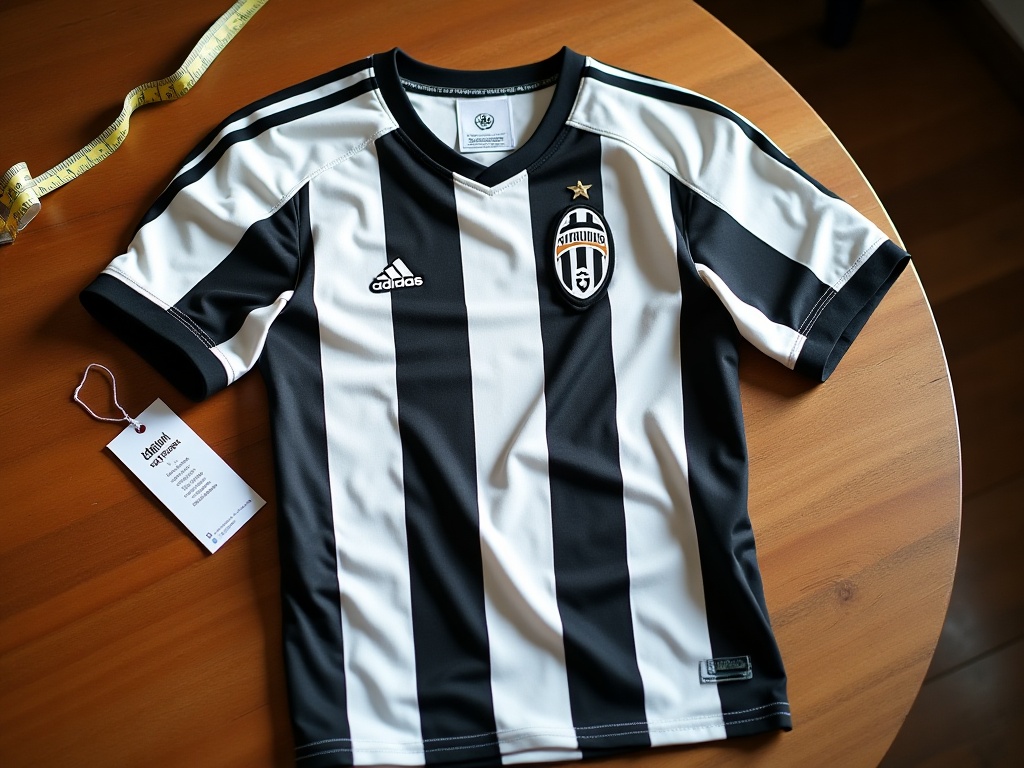 Maillot Juventus posé à plat avec étiquette prix sur table en bois