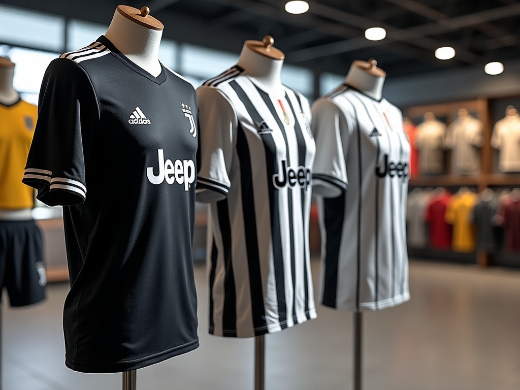 Trois maillots Juventus domicile extérieur et third alignés
