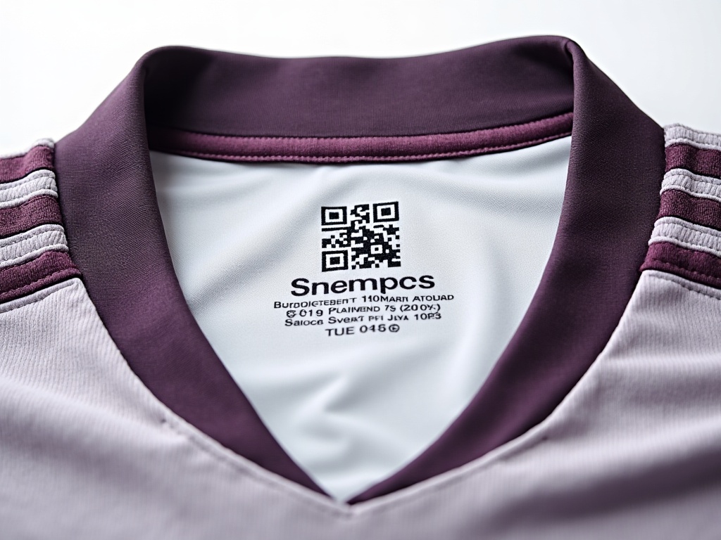 Étiquette intérieure d'un maillot de foot version joueur avec mentions techniques et QR code