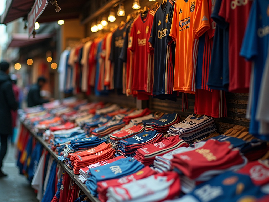 Marché de rue avec des maillots de foot Adidas en vente, dont de potentielles contrefaçons