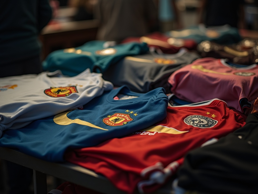 Pile de faux maillots de foot contrefaits sur un marché