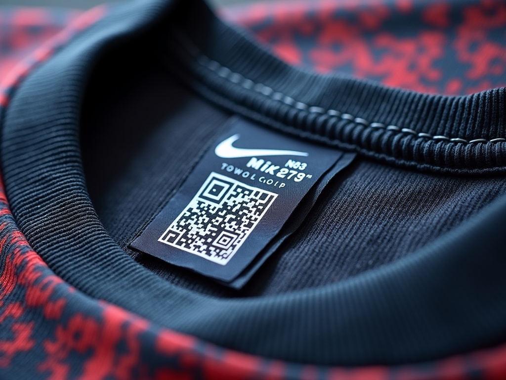 Étiquette intérieure d'un maillot Nike authentique avec QR code et composition
