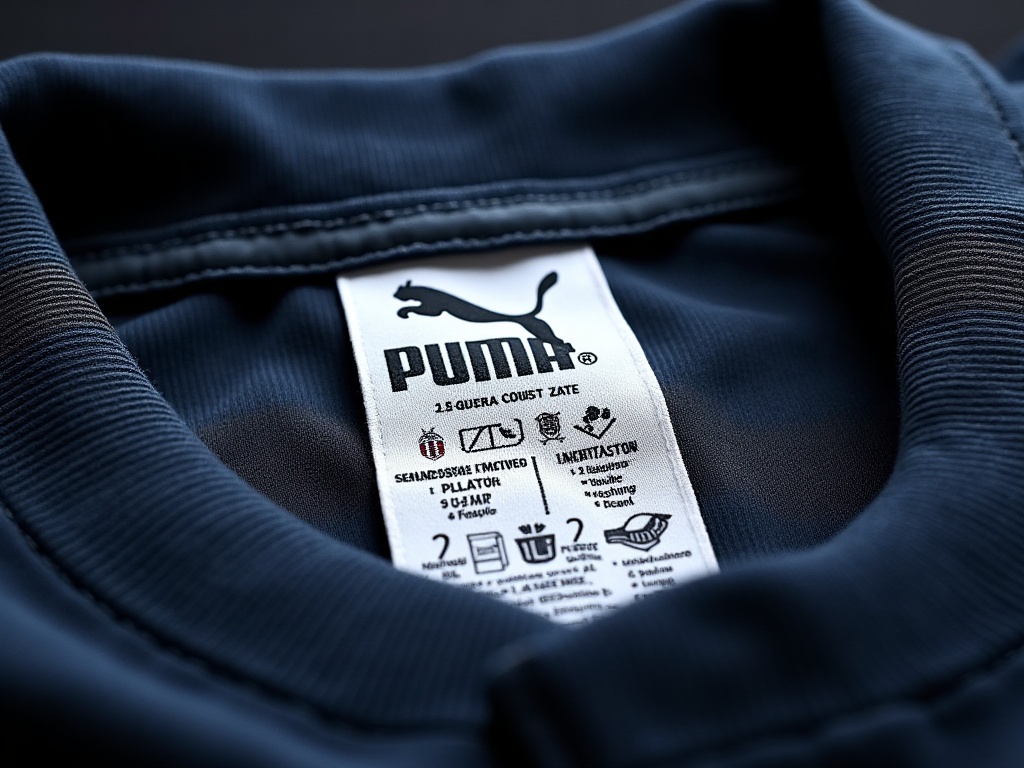 Étiquette intérieure d'un maillot Puma avec SKU et composition textile