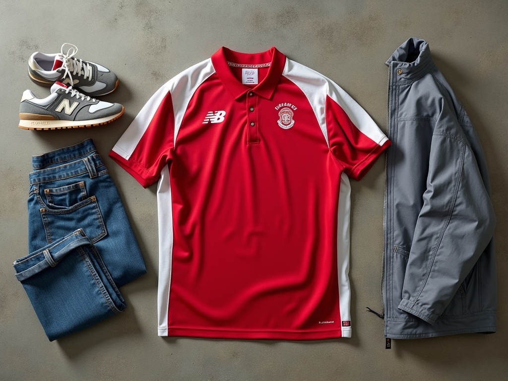 Flat lay bloke core style maillot foot rétro années 90 avec jean brut et New Balance 991