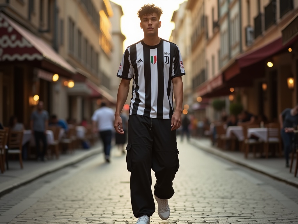 Tenue bloke core style maillot foot rayé Juventus avec cargo pant noir et Adidas Samba