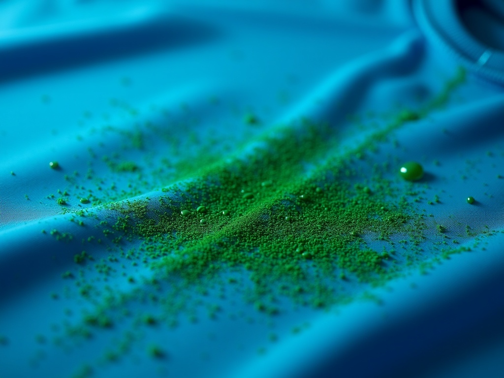 Tache d'herbe verte sur un maillot de foot en polyester bleu en gros plan