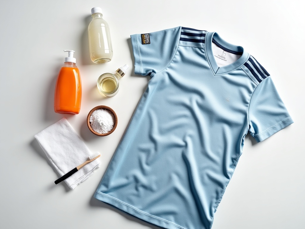 Produits détachants pour enlever une tache d'herbe sur un maillot de foot : lessive liquide, vinaigre blanc, bicarbonate et brosse douce