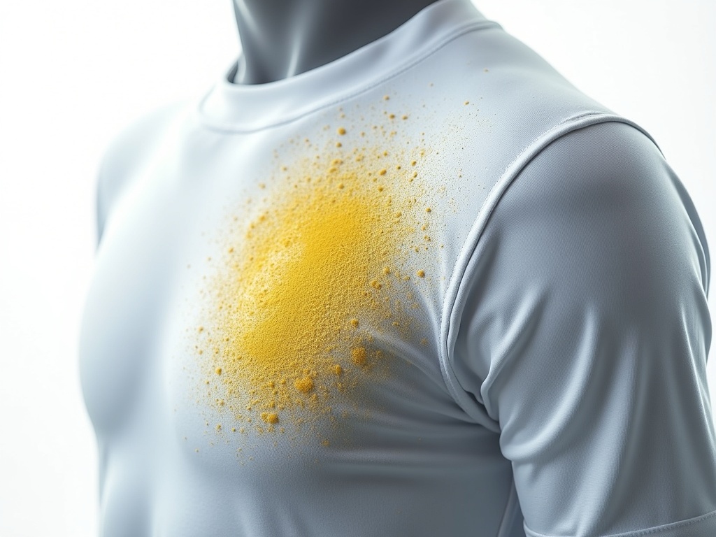 Zoom sur la fibre polyester d'un maillot de foot avec une tache jaune d'aisselle visible