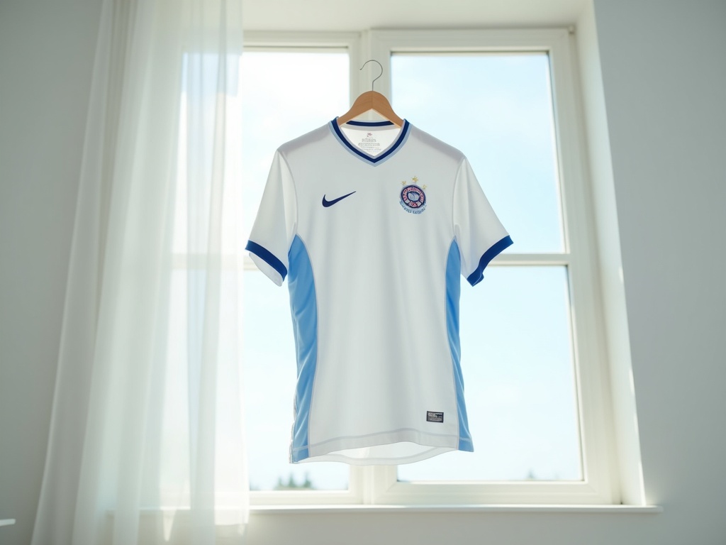 Maillot de foot propre et sans tache après traitement, mis à sécher à l'air libre