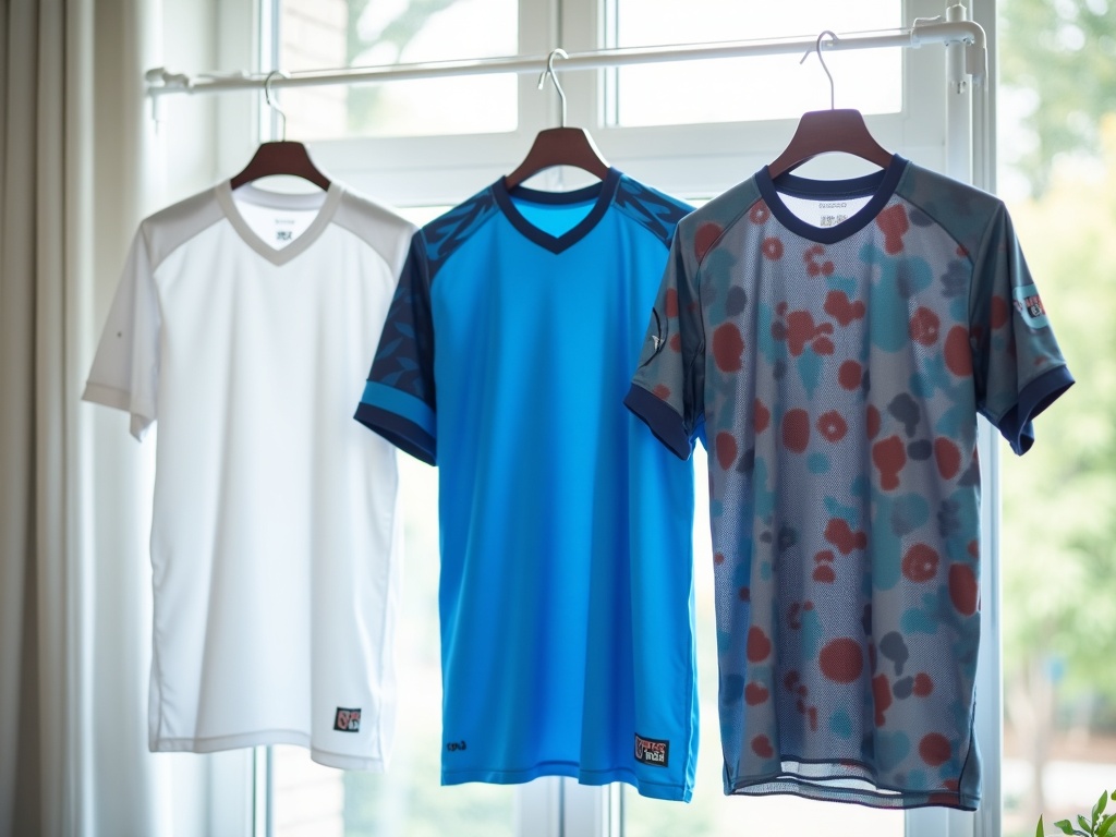 Trois types de maillots de foot suspendus : rétro coton, polyester technique moderne et maillot concept sublimé