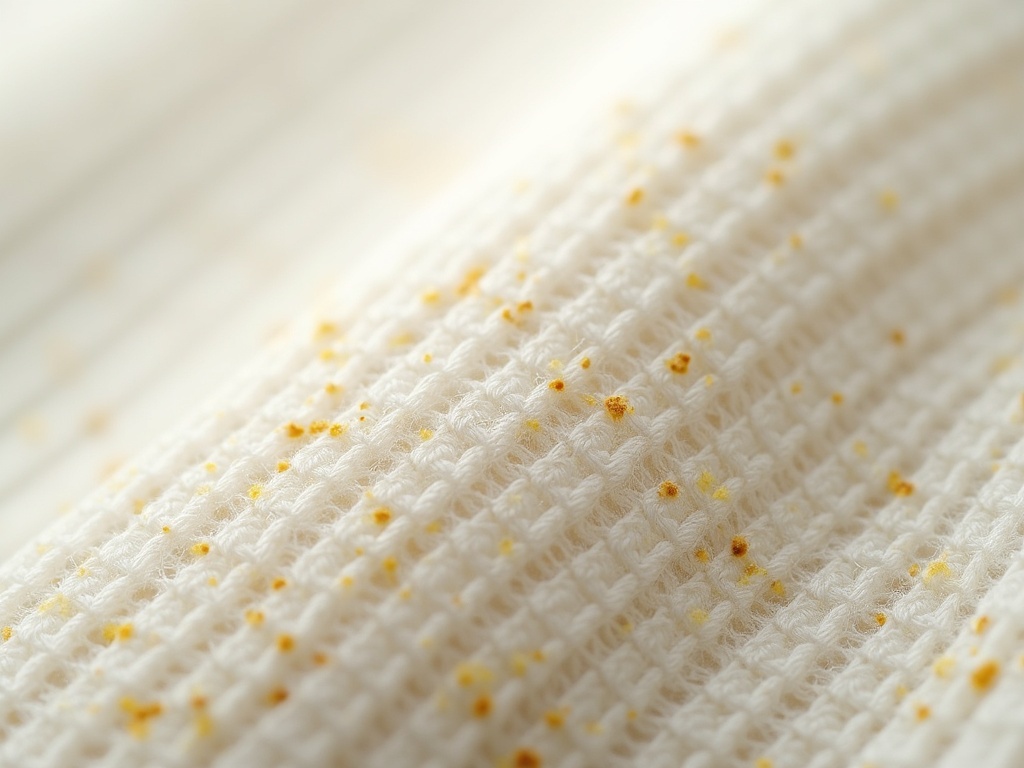 Zoom sur les fibres polyester d'un maillot de foot avec résidu de sueur visible