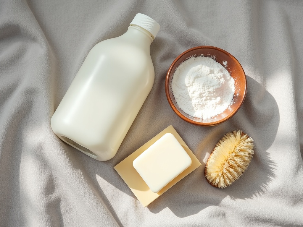 Ingrédients naturels pour détacher un maillot de foot : vinaigre blanc, bicarbonate et savon de Marseille