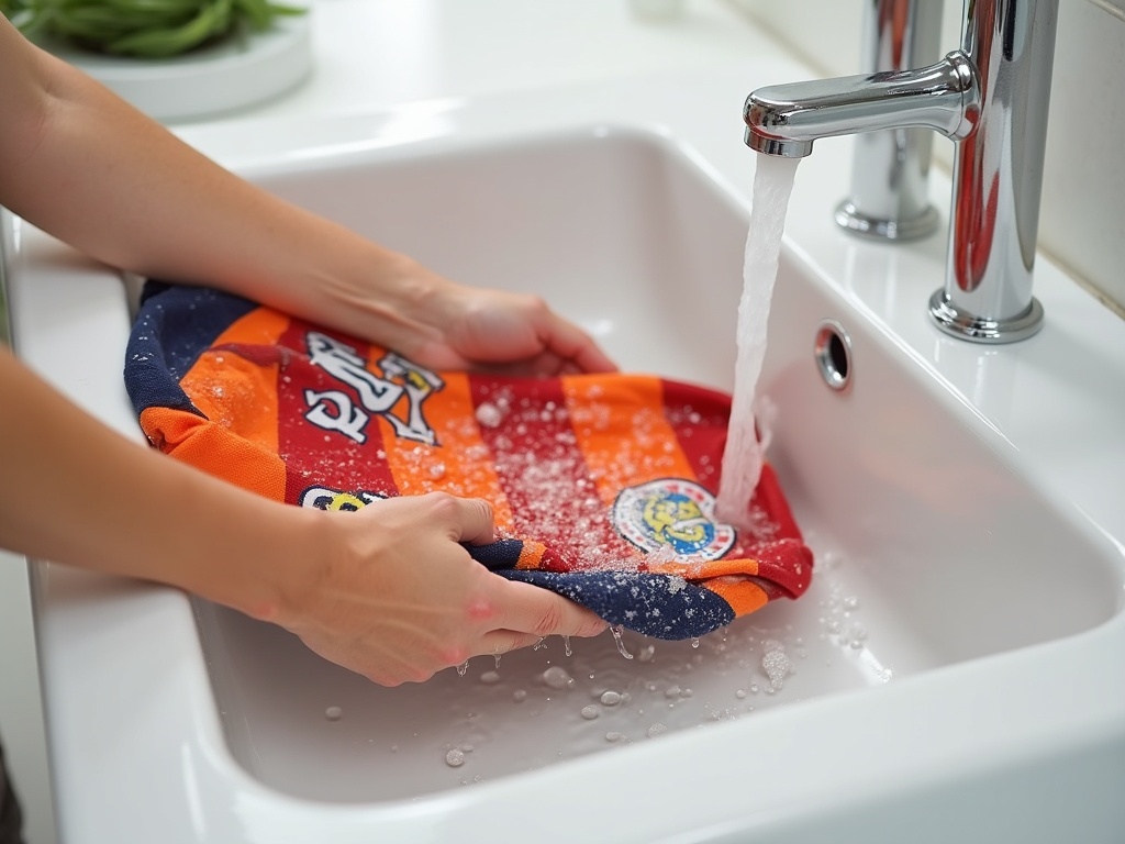 Rinçage d'un maillot de foot sous eau froide pour traiter une tache de transpiration