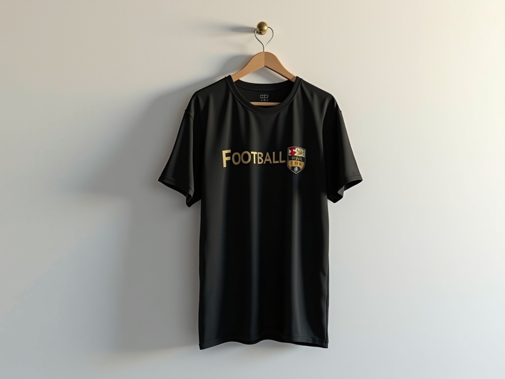 Maillot de foot noir avec flocage brodé doré suspendu à un mur blanc