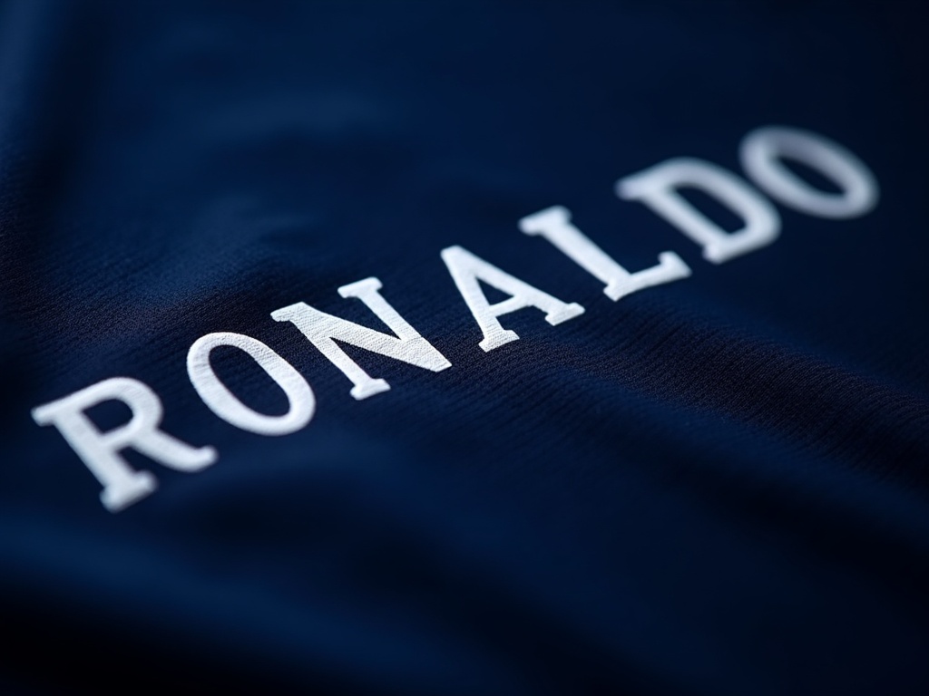 Gros plan sur des lettres de flocage thermocollé RONALDO sur maillot de foot bleu marine